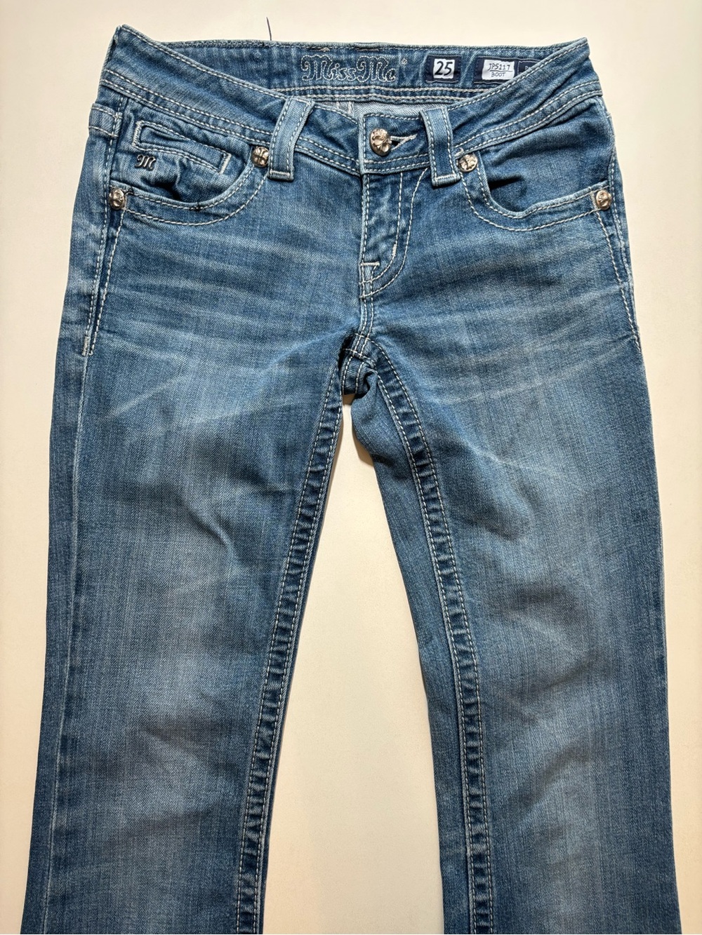 Miss Me embroidered cross Blue Embellished Back Pocket Flare boot cut Jeans - Picture 7 of 15
